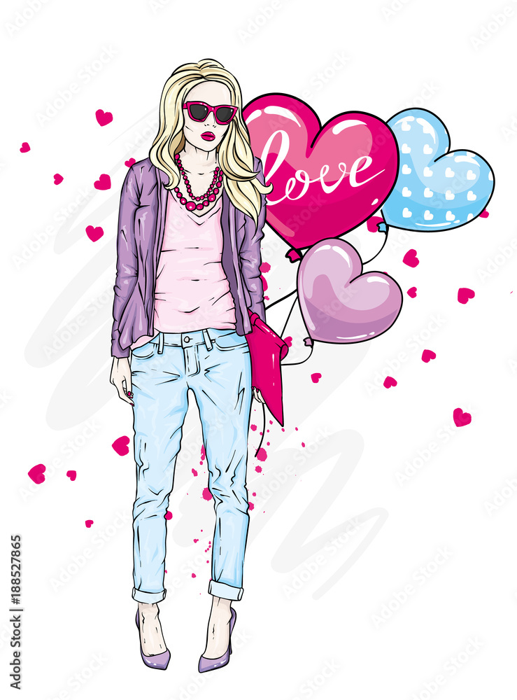 Beautiful girl in fashionable clothes. A stylish woman with long hair in trousers, a jacket and glasses. Vector for greeting card or print on clothes. Heart shaped balls. Valentine's day, love. Beautiful girl in fashionable clothes. A stylish woman with long hair in trousers, a jacket and glasses. Vector for greeting card or print on clothes. Heart shaped balls. Valentine's day, love.