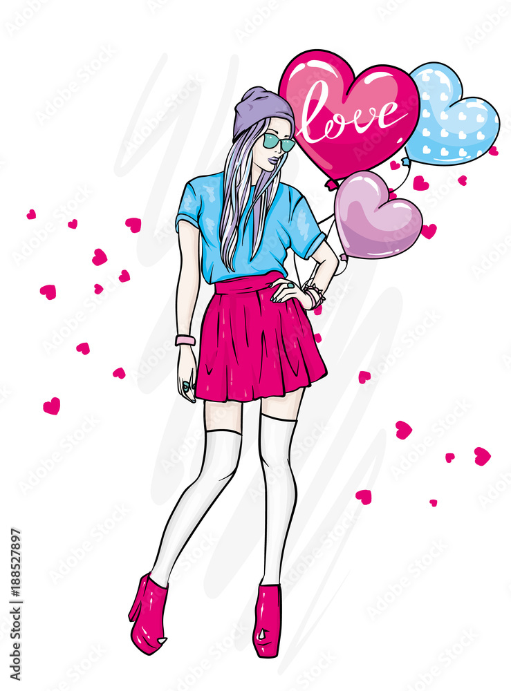 Young Girl With Long Hair In A Beautiful Short Dress Vector Illustration Clothing Accessories Fashion And Style She S A Slender Woman Heart Shaped Balls Valentine S Day Love Stock Vector Adobe Stock Young Girl With Long Hair In A Beautiful Short Dress Vector Illustration Clothing Accessories Fashion And Style She S A Slender Woman Heart Shaped Balls Valentine S Day Love Stock Vector Adobe Stock