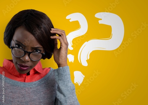 Confused woman wearing glasses scratching her head and question photo