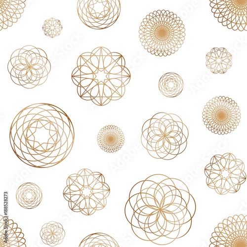 Abstract seamless pattern with various round geometric shapes drawn with golden contour lines on white background. Elegant vector illustration for wallpaper, wrapping paper, fabric print, backdrop.