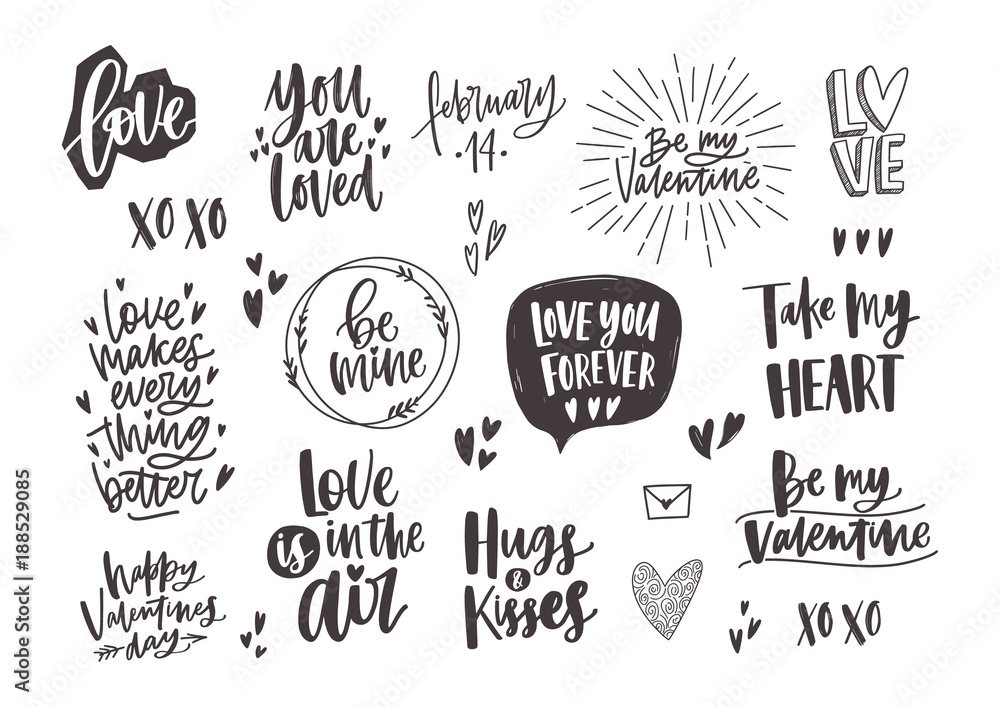 Bundle of trendy monochrome Valentine s day letterings with various phrases, quotes and wishes decorated by hearts hand drawn in black and white colors, design elements. Holiday vector illustration.
