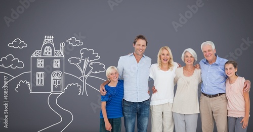 Family generations together with home drawing