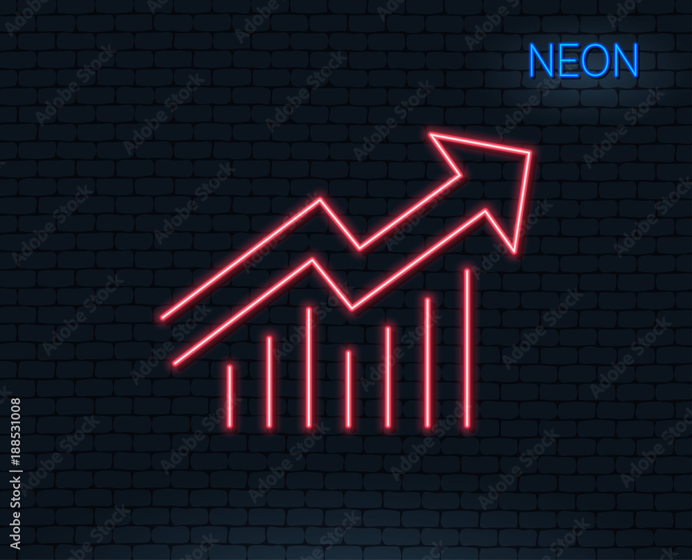 Neon light. Chart line icon. Report graph or Sales growth sign. Analysis and Statistics data symbol. Glowing graphic design. Brick wall. Vector Neon light. Chart line icon. Report graph or Sales growth sign. Analysis and Statistics data symbol. Glowing graphic design. Brick wall. Vector