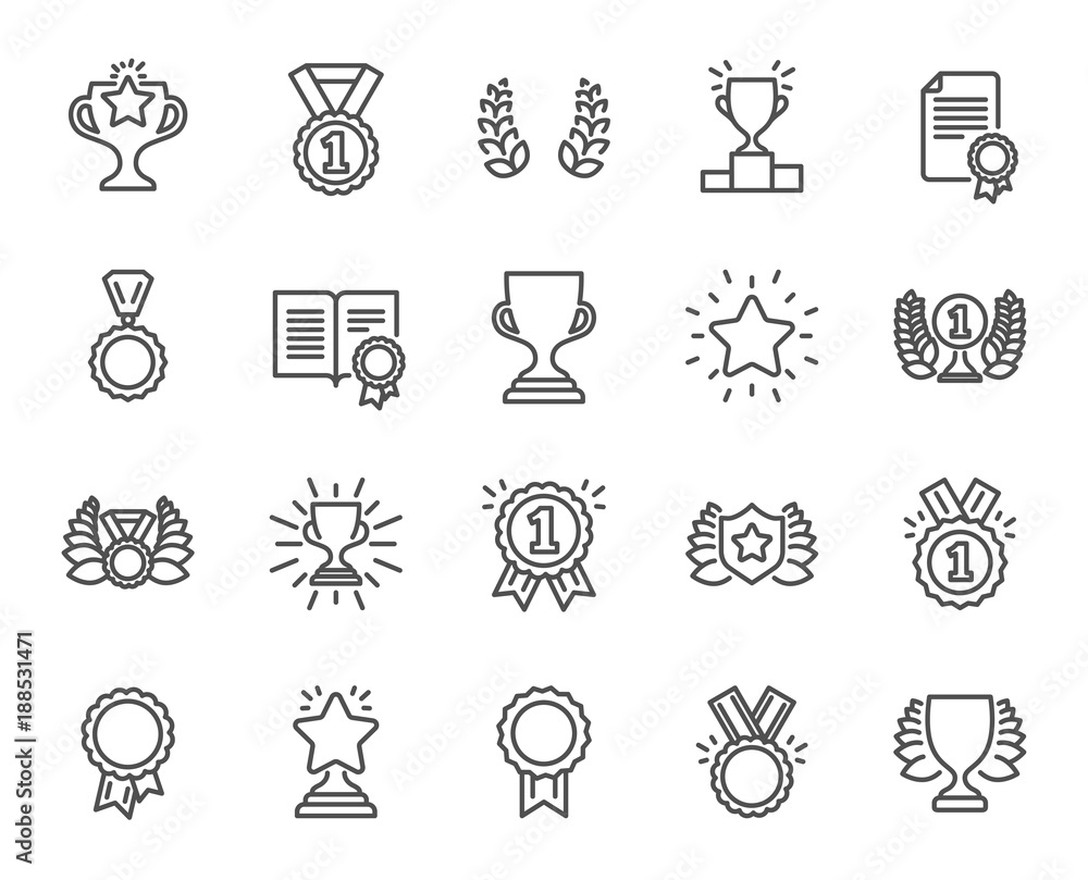 Awards line icons. Set of Winner medal, Victory cup and Laurel wreath signs. Reward, Certificate and Diploma message symbols. Glory shield, Prize and Rank star. Quality design elements. Vector Awards line icons. Set of Winner medal, Victory cup and Laurel wreath signs. Reward, Certificate and Diploma message symbols. Glory shield, Prize and Rank star. Quality design elements. Vector