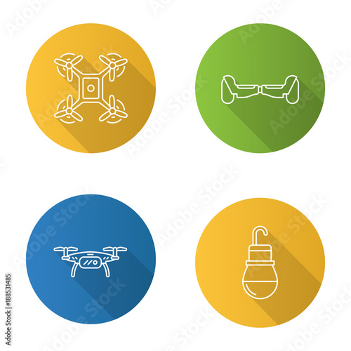 Gadgets flat linear long shadow icons set