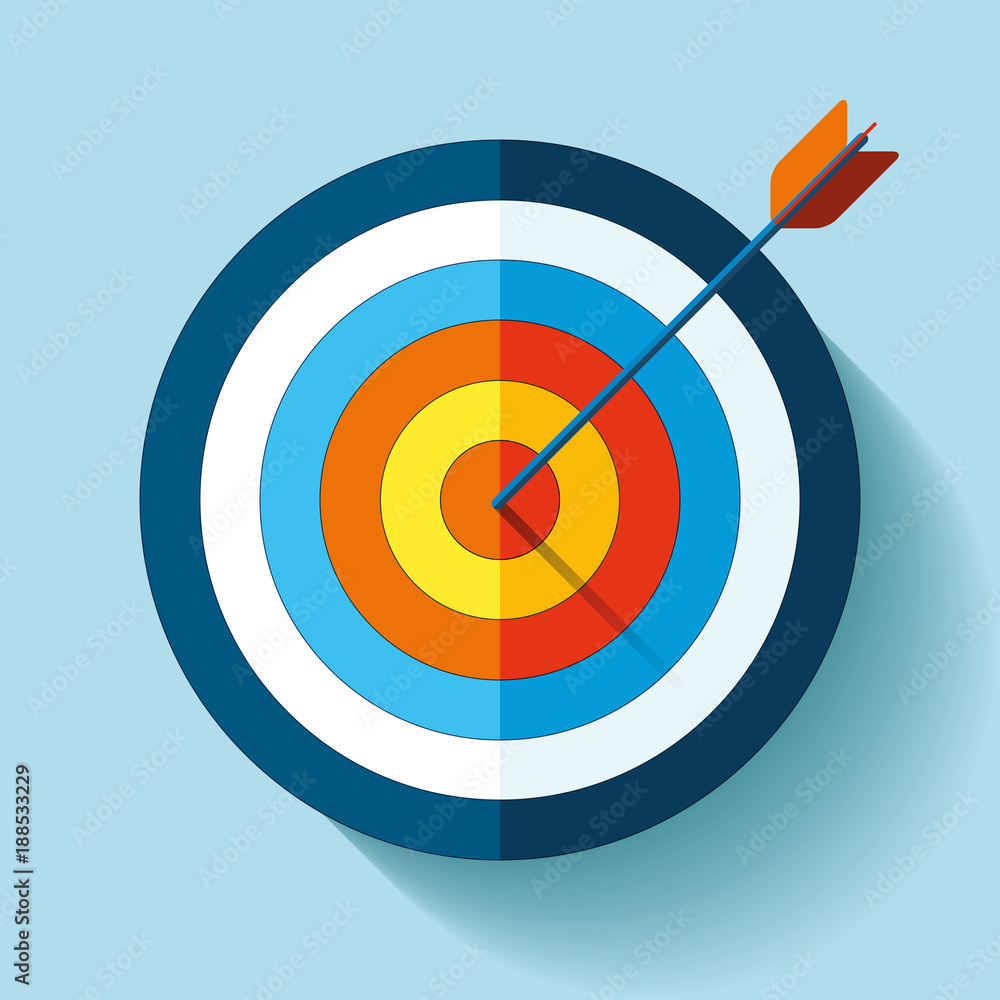 Target icon in flat style on color background. Arrow in the center aim. Vector design element for you business projects Target icon in flat style on color background. Arrow in the center aim. Vector design element for you business projects