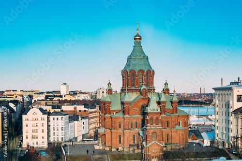 Helsinki, Finland. Uspenski Cathedral On Hill At Winter Sunny Day