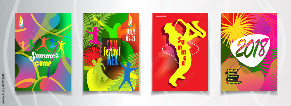 2024 Unique Jazz Dance Festival modern design posters set. Attraction flyer, Carnival Event banner around world - Different technique dynamic colorful abstract, tropical, modern art template.