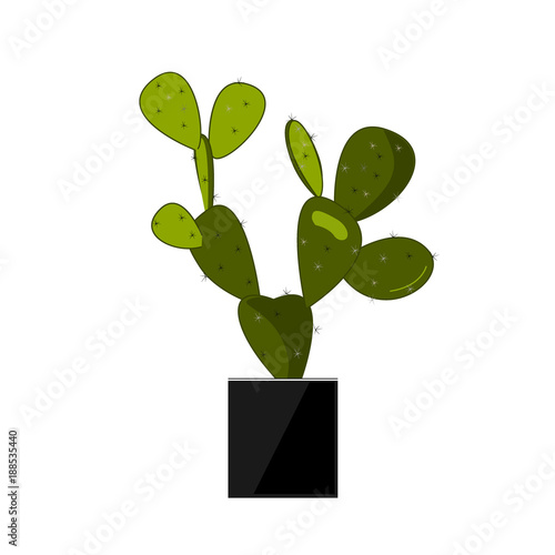 Prickly pear cactus in pot, traditional Mexican plant. Cactus flat vector illustration on white. Home flower in pot. Opuntia or prickly pear icon. Home plant vector