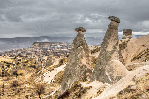 Famous, favorite by tourists mushroom stones, the famous landmark of Cappadocia, Turkey, are located near the city of Urgup