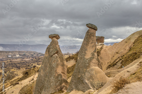 Famous, favorite by tourists mushroom stones, the famous landmark of Cappadocia, Turkey, are located near the city of Urgup