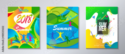 Hello Summer Abstract composition geometric dynamic colorful shapes modern bright color design template set. Festival, Carnival, Attraction, kids, sport, camp flyers travel around world concept.