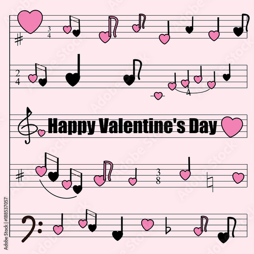 Greeting card for Valentine's Day: a musical mill with stylized notes, violin and bass keys, hearts. Musical romantic background. An interesting version of the texture of the packaging paper.