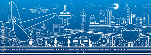 Airport illustration. Aviation transportation infrastructure. The plane is on the runway. Airplane fly, people get on the aircraft. Night city on background, vector design art