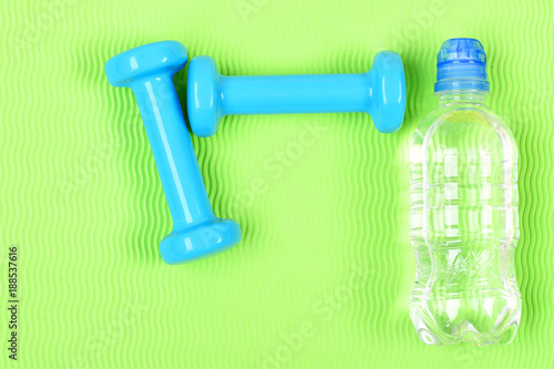 Pair of blue fitness dumbbells and bottle of water.