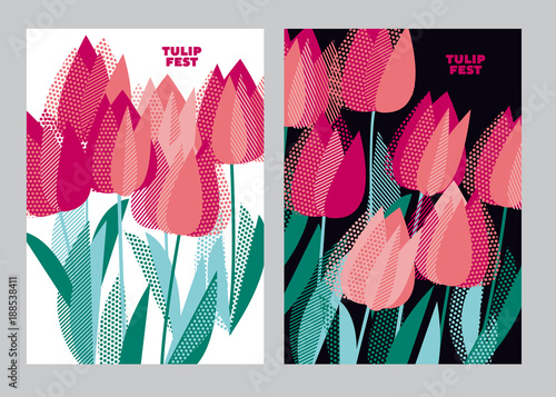 Abstract modern vivid floral motif for surface design. Cool spring pattern with geometric decorative pink tulip flowers. Greeting card the beginning of spring; 