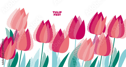 Abstract modern vivid floral motif for surface design. Cool spring pattern with geometric decorative pink tulip flowers, design elements.