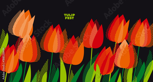 Abstract modern vivid floral motif for surface design. Cool spring pattern with geometric decorative red and orange tulip flowers, design elements.