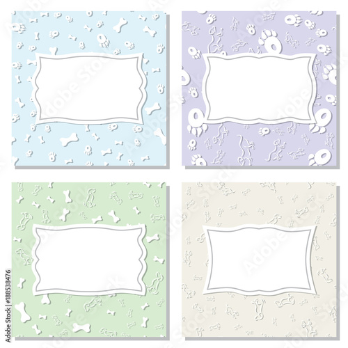 Set of frames on seamless textures. Backgrounds with a picture of a dog, paw prints of a dog and bones.
