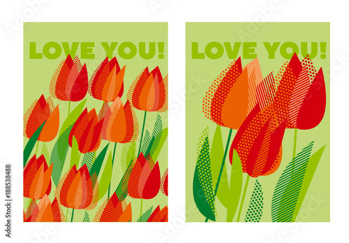 Abstract modern vivid floral motif for surface design. Cool spring pattern with geometric decorative red and orange tulip flowers, design elements.