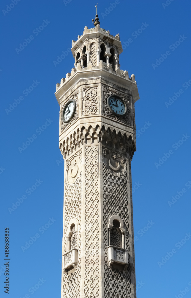 Big old clock on the the Clock Tower in Izmir, Turkey.