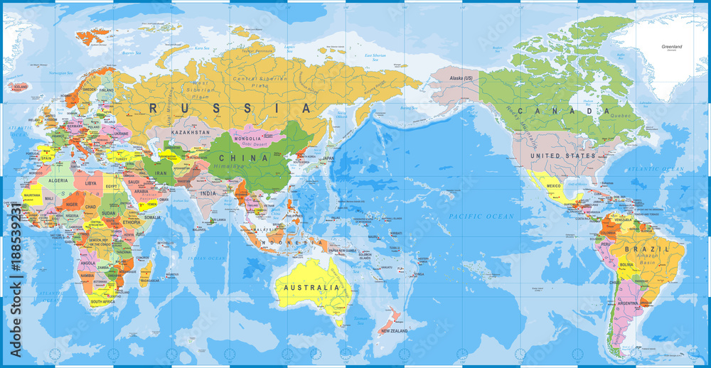 Fototapeta premium World Map Color Detailed - Asia in Center