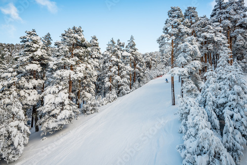 A winter view of a ski resort full of fresh snow taken from the chairlift going through a forest, in Madrid, Spain