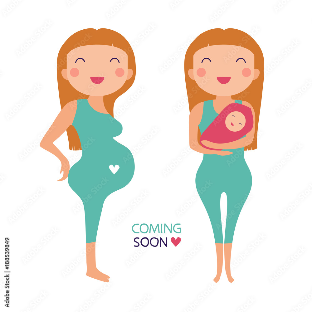 Illustration with happy pregnant woman and woman with baby on hands. Cute cartoon characters set in vector. Text lettering Illustration with happy pregnant woman and woman with baby on hands. Cute cartoon characters set in vector. Text lettering