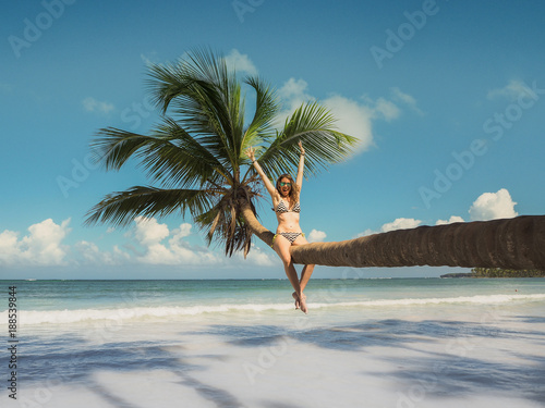 Bikini woman sitting on palm tree at the ocean