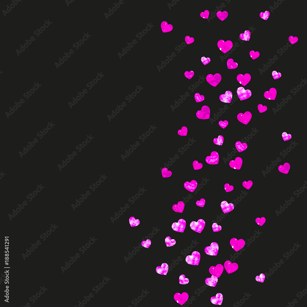 Valentines day card with pink glitter hearts. February 14th. Vector confetti for valentines day card template. Grunge hand drawn texture. Love theme for flyer, special business offer, promo.