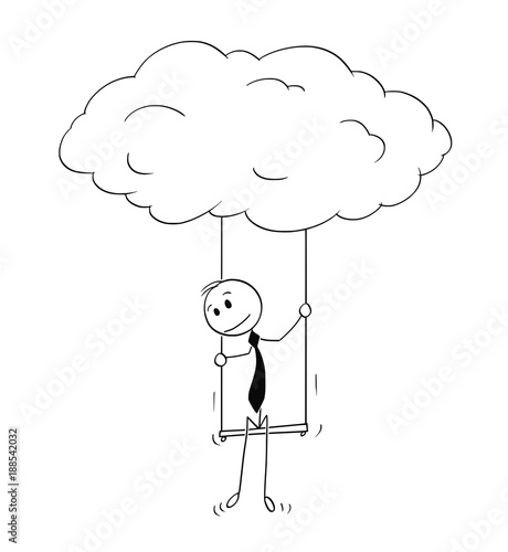 Cartoon stick man drawing conceptual illustration of businessman flying on cloud. Business concept of creativity and individuality.