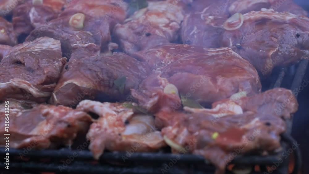 Barbecue meat grilling on charcoal. Tasty grilled meat. Closeup. Barbecue meat grilling on charcoal. Tasty grilled meat. Closeup.