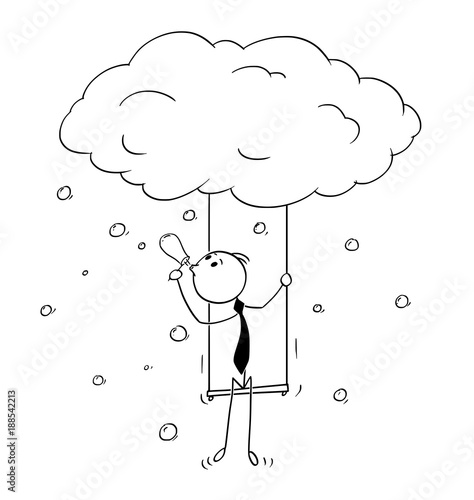 Cartoon stick man drawing conceptual illustration of businessman flying on cloud. Business concept of creativity and individuality.