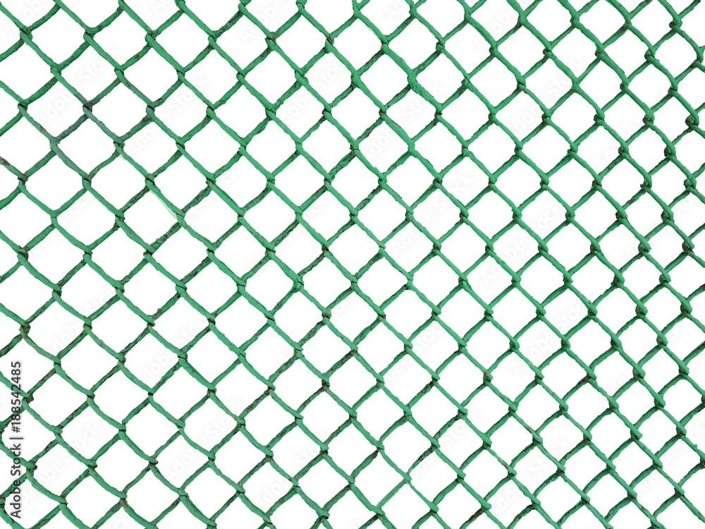 Fototapeta premium Blank rusty Metal Fence net mesh on dark green plain background