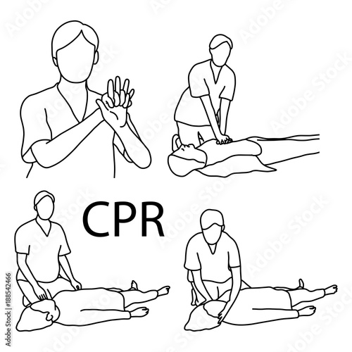 CPR demonstration first aid vector illustration sketch hand drawn with black lines, isolated on white background