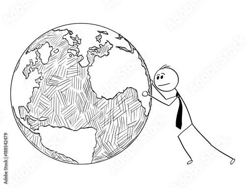 Cartoon stick man drawing conceptual illustration of businessman pushing or rolling world Earth globe. Business concept of international, global, worldwide business and responsibility.