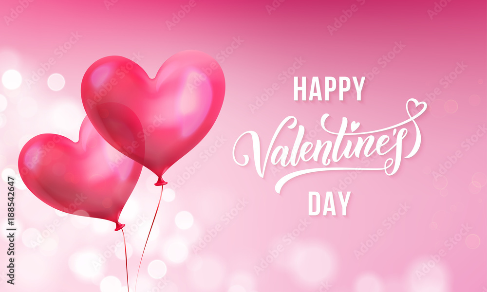 Valentines day lettering text on valentine red heart on pink light pattern background. Vector Happy Valentines day greeting card design template of glossy crystal heart