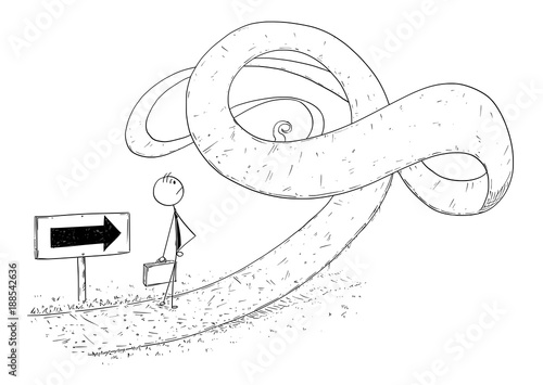 Cartoon stick man drawing conceptual illustration of businessman facing obstacle or problem in his way. Business concept of crisis and career difficulty.