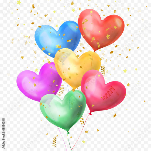 Heart balloons bunch and golden glitter stars confetti isolated on transparent background for Birthday party, Valentines Day or wedding decoration design. Vector helium heart colorful ballons bundle