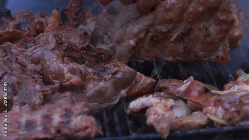 Barbecue meat grilling on charcoal. Tasty grilled meat. Closeup. Barbecue meat grilling on charcoal. Tasty grilled meat. Closeup.