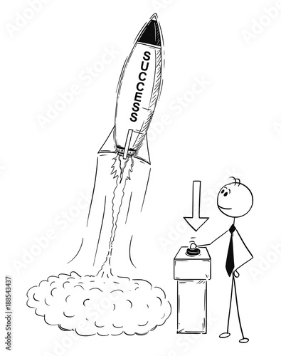 Cartoon stick man drawing conceptual illustration of businessman launching rocket. Business concept of success,company or career start up.