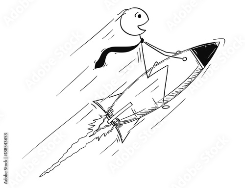 Cartoon stick man drawing conceptual illustration of businessman driving rocket on his way to success. Business concept of success and career.