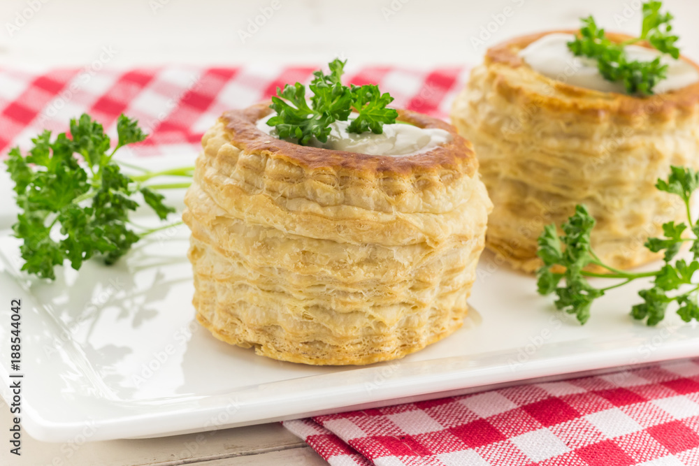 Puff pastry vol-au-vents filled with mushroom ragout