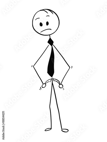 Cartoon stick man drawing conceptual illustration of businessman with empty pocket. Concept of finance, crisis or debt.