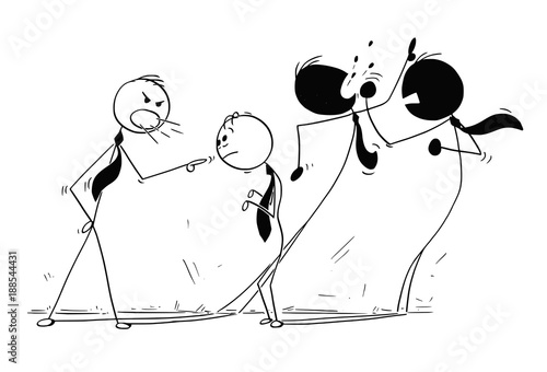 Cartoon stick man drawing conceptual illustration of manager or boss yelling at subordinate businessman, and fighting shadows showing real ambition of the employee.
