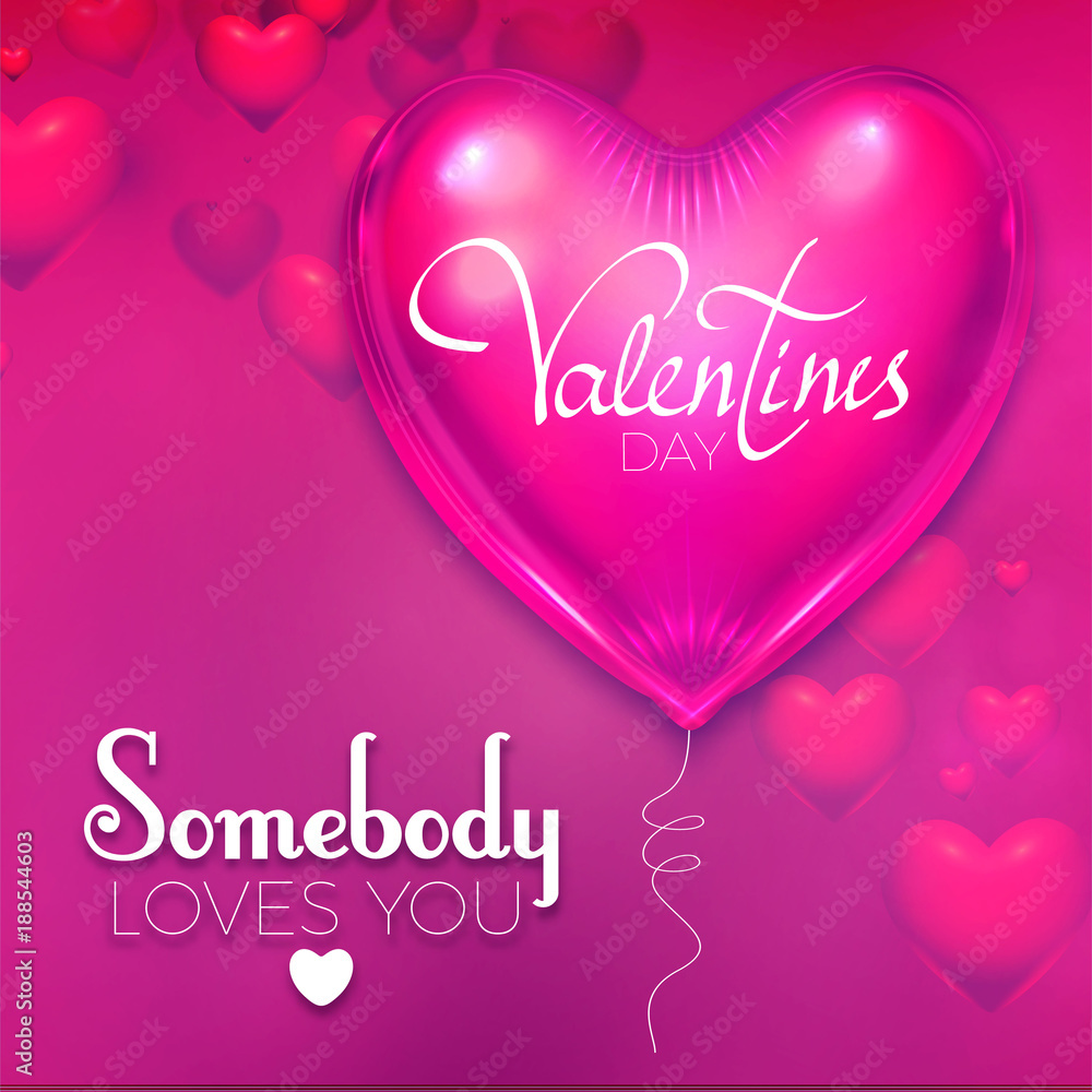 Happy Valentine's Day Background with Colorful and Glossy Pink Foil Heart Balloons. Vector illustration