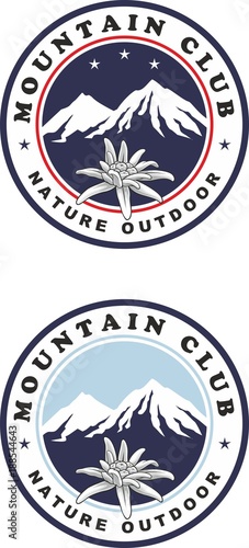 Emblem of mountain climbing. Symbol of outdoor adventure and Alp mountains. Hiking badges label. Blooming edelweiss flower. Travel, climber, camping, ski resort template. Vector silhouette.