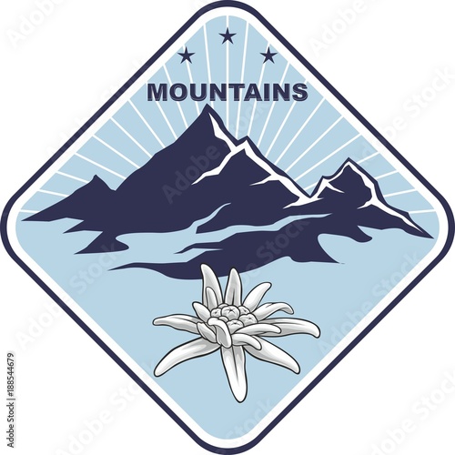 Emblem of mountain climbing. Symbol of outdoor adventure and Alp mountains. Hiking badges label. Blooming edelweiss flower. Travel, climber, camping, ski resort template. Vector silhouette.