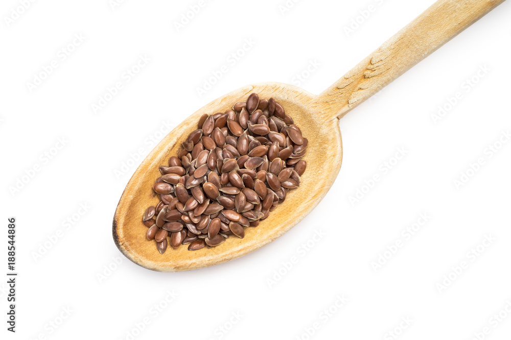 Wooden spoon with linseed or flax seed isolated on white background Wooden spoon with linseed or flax seed isolated on white background