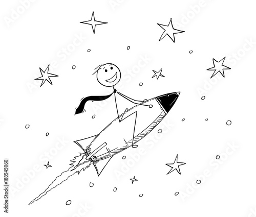 Cartoon stick man drawing conceptual illustration of businessman driving rocket on his way to success. Business concept of success and career.